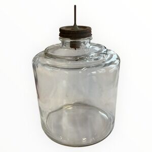 Vintage Clear Glass Kerosene Jar Metal Spout Lid‎ Fuel Container 8.25 in